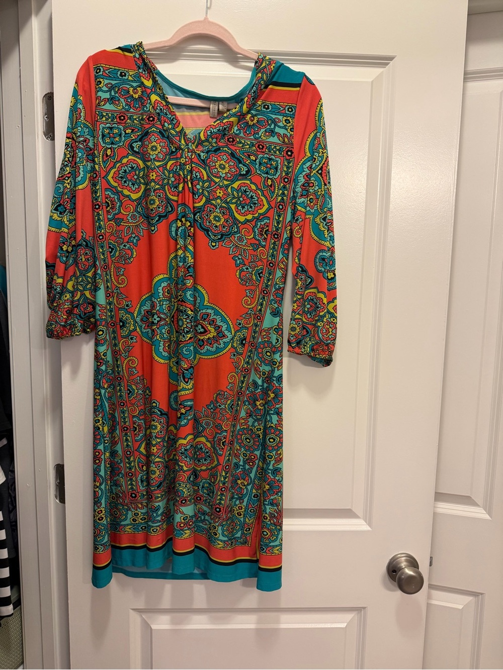 Madison Orange and Teal Paisley-Print Midi Dress